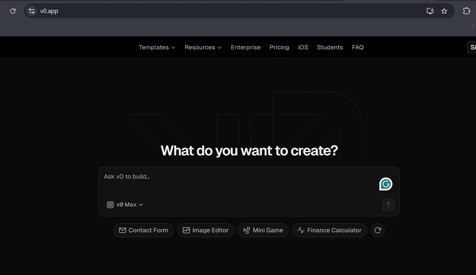 V0 by Vercel - What do you want to create?